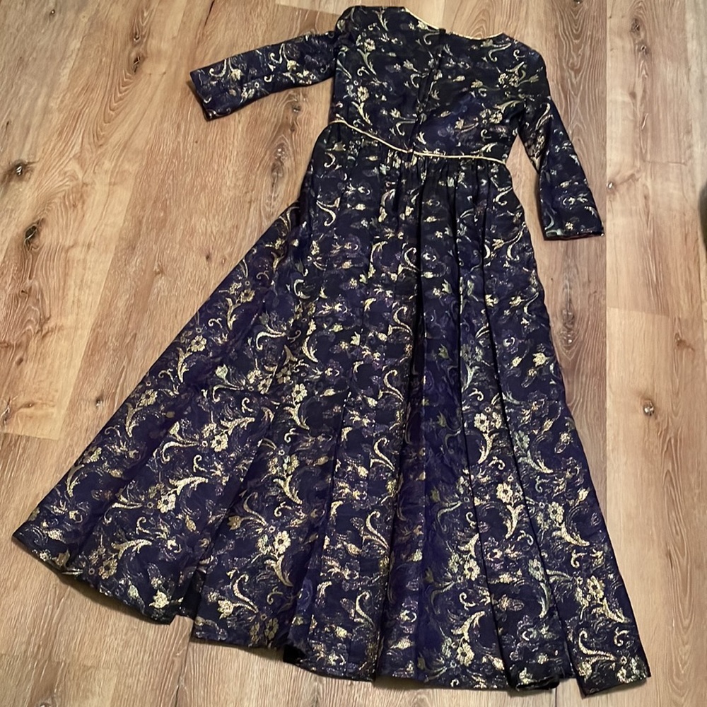 VTG Midnight blue gold lace fairytale princess dress formal gown sz small M 28”W - Picture 3 of 13